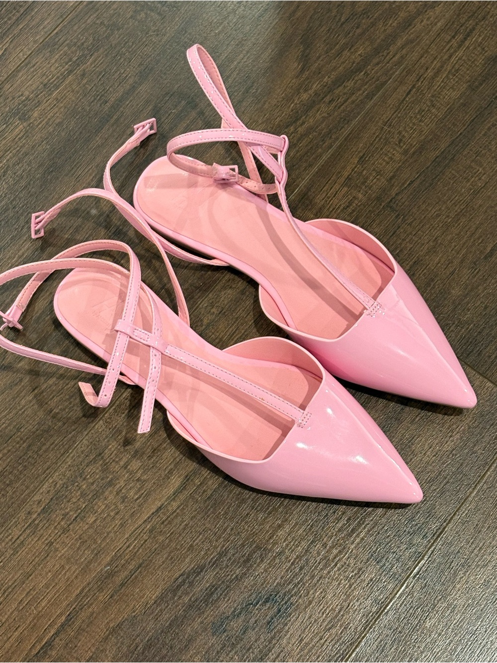 Pointed Pink Patent Ankle-Strap Flats in 5.5